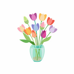 tulip Flower in Glass vases with blue water. Cute colorful flower icon collection. White background. Flat design