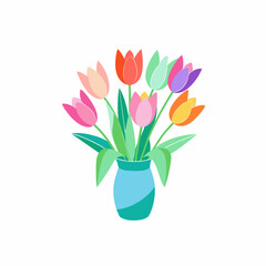 tulip Flower in Glass vases with blue water. Cute colorful flower icon collection. White background. Flat design