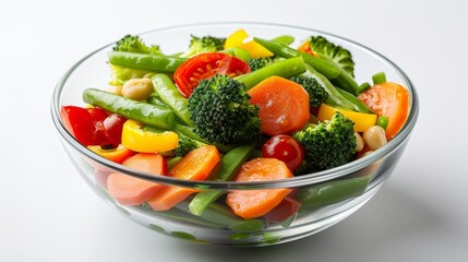 Freshly microwaved mixed vegetables with a slight steam, presented in a modern, sleek bowl on an isolated background, showcasing the freshness and appeal of healthy eating