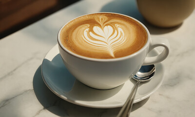 A cup of coffee on a marble table in a coffee shop or restaurant interior, or a work area with a blurred background for a banner poster or presentation.