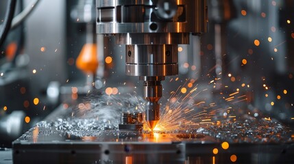 CNC machine cutting metal with precision, highlighted by coolant and sparks