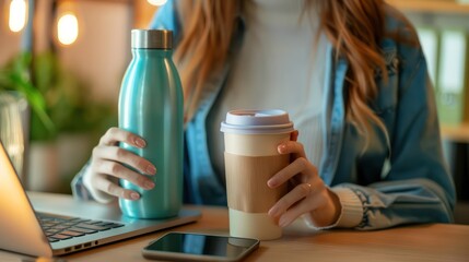 A woman holding a reusable water bottle and a bamboo coffee cup while working at her desk. 