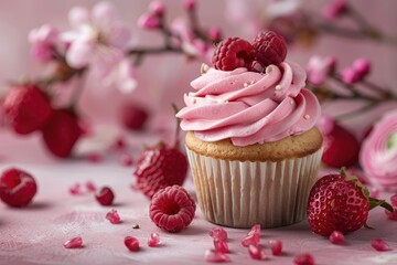 Close-up of a delicious cupcake with pink frosting and vibrant sprinkles on a blurred background