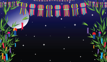 Tanabata festival vector illustration background. Bamboo trees and Tanabata decoration with starry night sky