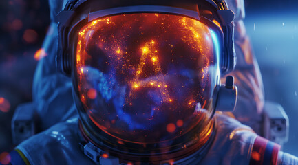 An astronaut's helmet reflecting the vibrant colors of an exploding star