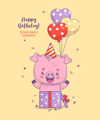 Festive smiling pig in gift box wearing birthday cap with balloons. Vector illustration. Happy birthday card. Cute funny cartoon kawaii animal character