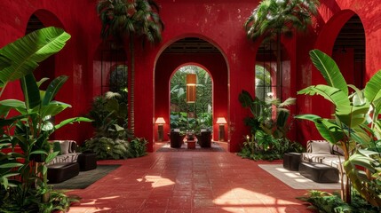 Fototapeta premium Eclectic red-themed area with impressive archways and green plant life, merging tradition with modernity in raw visual style