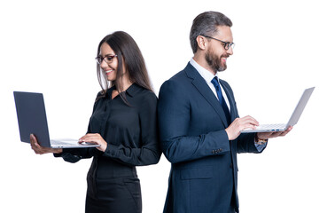 agile business. remote business work. boss and employee using laptop. businesspeople isolated on...