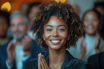 Fototapeta premium Black woman, Target growth, finance team and diversity of business group clapping for support and happiness. Company success. Generative AI