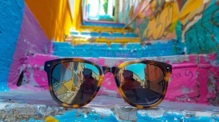 Dynamic angle capturing the edge of stylish sunglasses with a backdrop of a brightly painted, artistic staircase