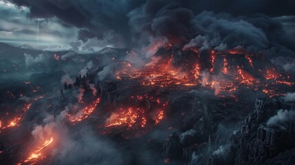 Dramatic close-up of a mythical hell city, with dense smoke and molten lava under a gloomy sky