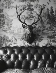 The image shows a black leather Chesterfield sofa with a mounted deer head on the wall behind it.