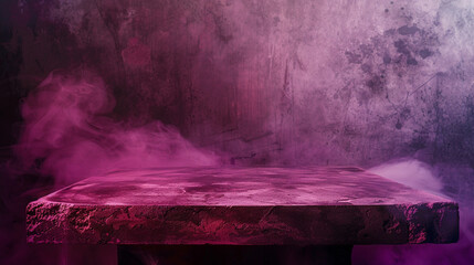 Magenta textured concrete table under soft smoke in a poorly lit room.