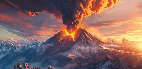 an erupting volcano with smoke and ash in the sky, set against the backdrop of snowcapped mountains under a fiery sunset. - Powered by Adobe
