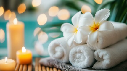 Towels and Plumeria Flowers by a Spa Pool
