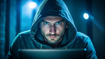 A portrait of a hacker in a shadowy room, wearing a hoodie, with eyes illuminated by the glow of a computer screen.
