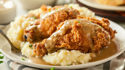 Golden fried chicken on a bed of creamy mashed potatoes smothered in savory gravy