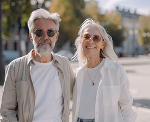 Portrait of lovely happy elderly couple on morning run outside in city park