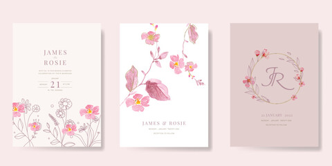 Luxury Pink Wedding Invitation, floral invite thank you, rsvp modern card Design in water color flower with  leaf greenery  branches decorative Vector elegant rustic template