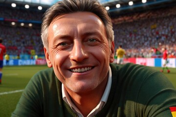 Smiling confident football soccer manager, coach, or commentator, in match stadium