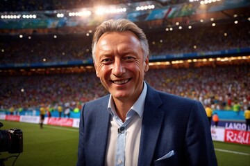 Smiling confident football soccer manager, coach, or commentator, in match stadium