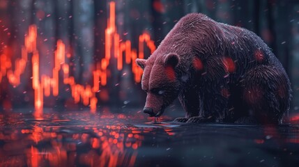 Symbolic portrayal of economic downturn with a bear and sinking stock chart - obrazy, fototapety, plakaty