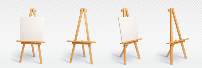 Brown wooden easel empty and with white blank canvas in different angles of view. Realistic 3d vector illustration set of artist equipment mockup. Painter board or frame on wood tripod stand.