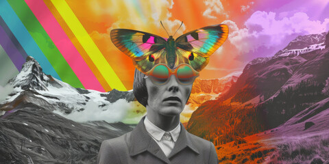 Surreal Portrait of Person with Butterfly and Mountains in Rainbow Colors
