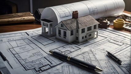 Plans for home and residential inspections placed atop a table. Extremely Realistic