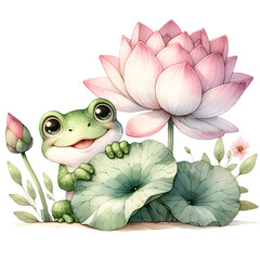 Delicate watercolor illustration featuring a tranquil frog perched on a lotus, rendered in gentle pastel hues against a white canvas, perfect for a serene and meditative atmosphere