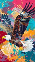 A pop art painting depicting an American eagle soaring through the sky