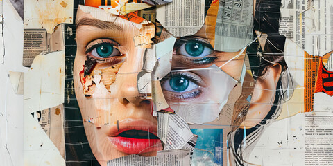 Surreal Collage of Feminine Faces with Mixed Media Elements