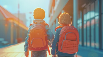 Two Young Children with Backpacks Walking to School, Back to School Concept, Educational Scene