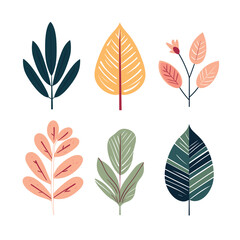 Set six stylized plant leaves branch flower, flat design style. Botanical graphic elements colored shades green, pink, yellow, suitable educational decorative use. Nature themed illustration