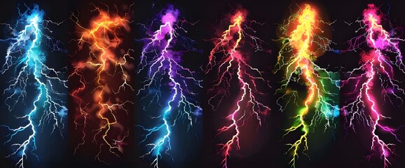 Set of illustrations, lightning effect, various colors, powerful, fierce, power, black background.Generative AI