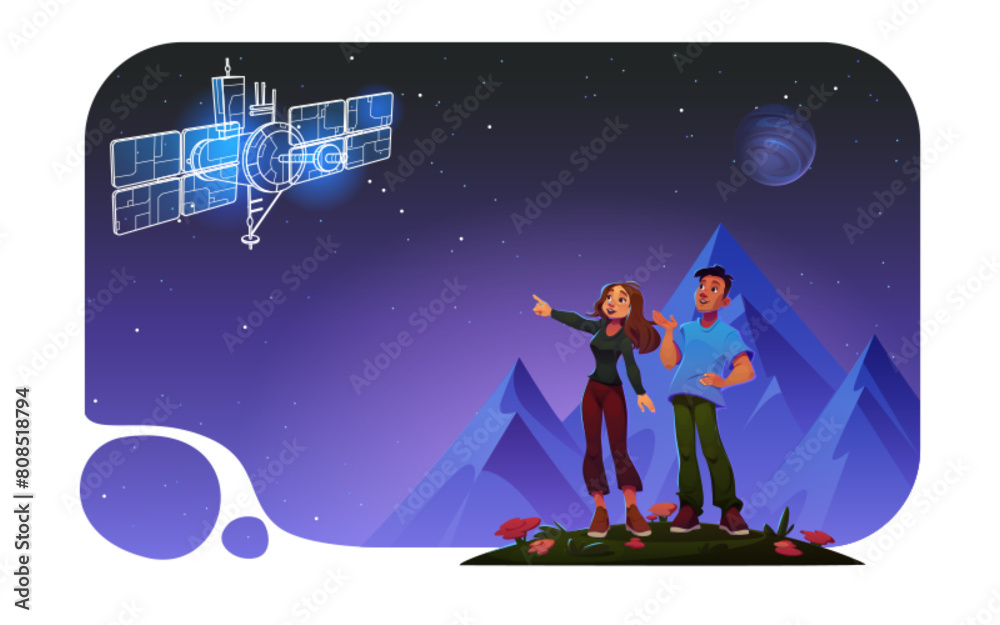 Wall mural woman and man show space satellite in sky cartoon design. character and earth mountain landscape gam