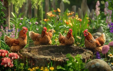 Fototapeta premium A charming scene of chickens dustbathing in a shallow pit, surrounded by a colorful flower garden