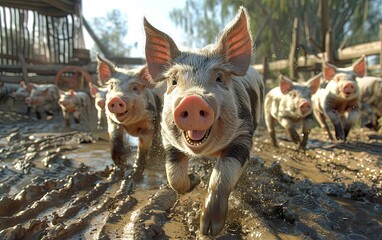 A group of piglets playfully chasing each other around a muddy pen under the warm afternoon sun