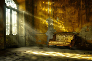 Nostalgia and charm in a vintage mustard room illuminated by subtle sun rays.