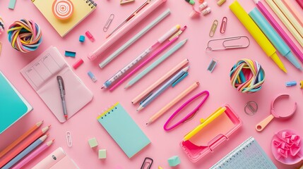 Assorted School Supplies Arranged on Vibrant Pink Background for Back-to-School Concept