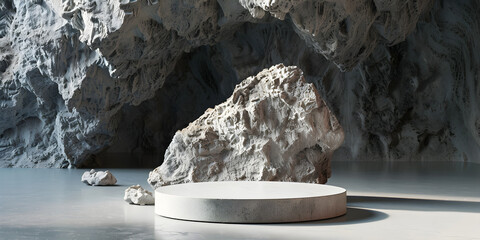 A stone bench with a round stone in the center. empty product mockup with podium background. 
