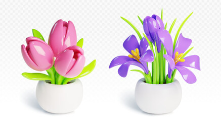 Flower in pot 3d vector set. Realistic illustration of cartoon plastic plant with blossom of tulip and crocus in white flowerpot. Home decorative floral bush in vase. House and garden vegetation