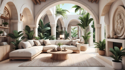 "Contemporary Tropical Retreat: Ultra-Realistic Photo of Modern Small Condo Interior, with Bali-Inspired Aesthetic, Featuring White Cream Stone and Light Wood Round Arches in Living Room Oasis with Lu