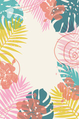 Summer background with colorful tropical leaves and flowers. Abstract cover for web banner, social media banner, postcard, invitation. Summer vacation concept.Beach theme.