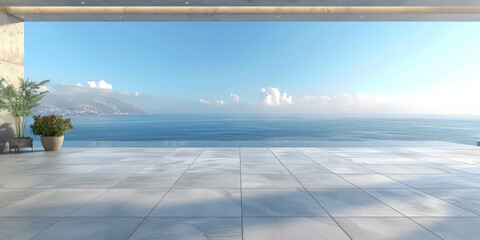 Obraz premium empty terrace on blue sky background, empty living room of luxury house