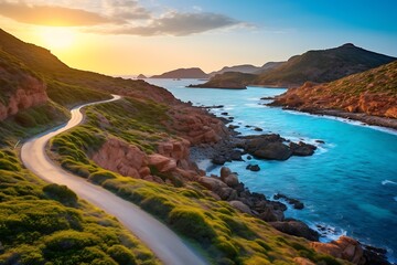 Obraz premium Winding road in the coast at sunset