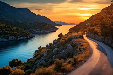 Winding road in the coast at sunset