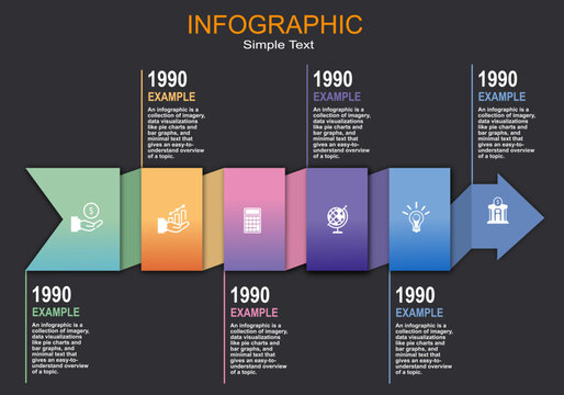 Vector infographic is an arrow ribbon with 6 sequential steps showing at work time, planning, work, education, administration, placed on or showing a timeline on a gray-black background.