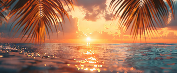 Idyllic ocean sunset view through palm fronds with sun casting golden reflections on tranquil sea waters - Powered by Adobe