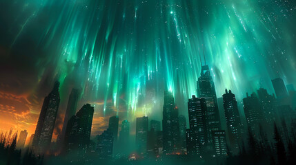 Northern lights cast a vibrant glow over a ciMajestic northern lights over a dark cityscape, vibrant green and blue hues illuminating skyscrapers and night skytyscape at night.